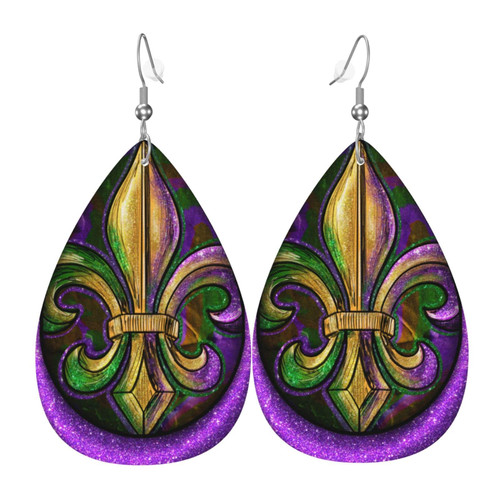 Mardi Cartoon Gras New Orleans Fleur-De-Lis Earrings Leather Teardrop Earring Lightweight Dangle For Women Girls