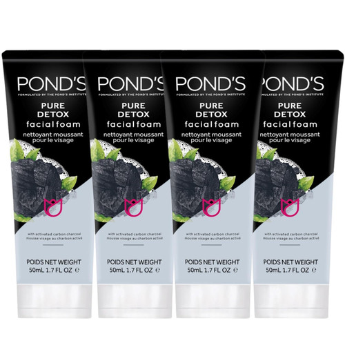 Pond's Pure Detox Facial Foam, Deep Cleansing with Activated Charcoal, Facial Wash, 4-Pack of 1.7 Oz Each