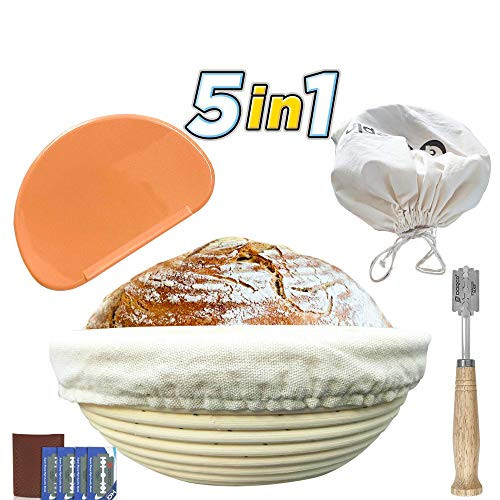 GLEEPIN SET: 9 Inch Round Banneton Proofing Basket Sourdough Bread Baking Tools, Rattan Handmade Bread Proofing Baskets & Bread Lame Dough Scoring Tool & Dough Scraper & Linen Liner Cloth &Bread Bags