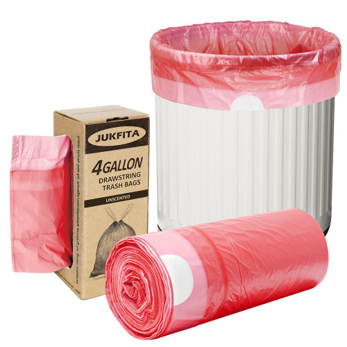 4 Gallon Trash Bags Drawstring, Small Trash Bags Bathroom, Available in Colors, Thick Unscented Garbage Bags, JUKFITA Trash Can Liners fit Kitchen Bedroom Office Cat Litter, 30 Count Red