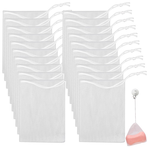Mozeat Lens 20PCS Exfoliating Mesh Soap Saver Pouch Bag Mesh Soap Bag Soap Handmade Soap Bubble Mesh Net Bags with Drawstring Mesh Foaming Net Soap Sack Bags for Bath & Shower, White