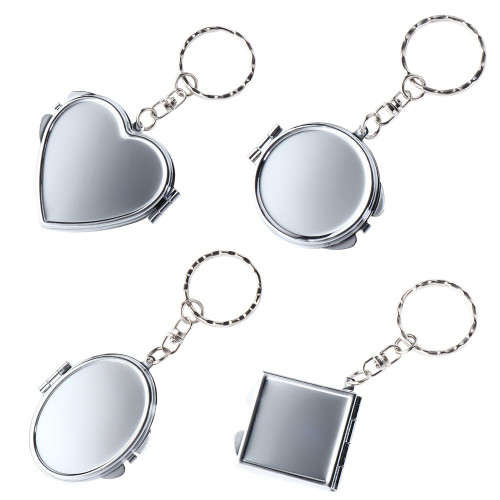Double Sides Cosmetic Mirror Keychain 4PCS Mini Folding Mirror Key Chains Pocket Portable Square Elliptical Heart-shaped Makeup Mirror With Key Ring