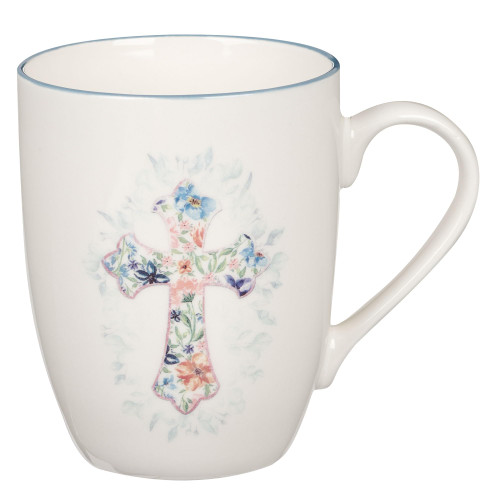 Christian Art Gifts Ceramic Coffee and Tea Mug for Women: Floral Cross Design, Inspirational Encouraging Drinkware, Blue, 12 oz.