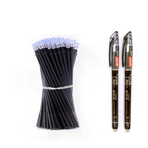 Weloveushop 2+50Pcs/Set 0.5mm Blue Black Ink Gel Pen Erasable Refill Rod Erasable Pen Washable Handle School Writing Stationery Gel Ink Pen (Black)