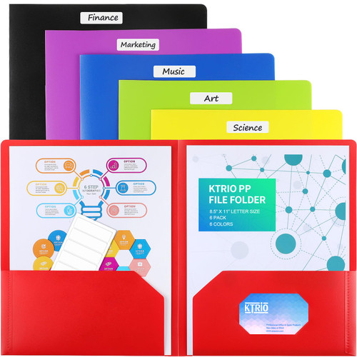 KTRIO Plastic Folders with Pockets, 6 Pack 2 Pocket Folders Colored Plastic Folders Poly Folders with Pockets and Labels, Heavy Duty Plastic Folders with Pockets for School Office Home