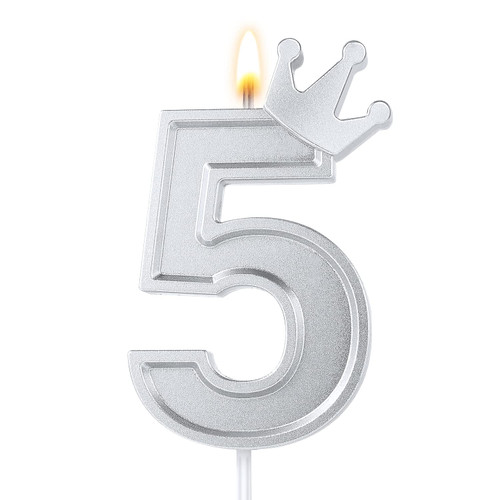 3inch Crown Number Candle, 3D Birthday Number Candle Cake Topper with Crown Cake Numeral Candles Number Candles for Birthday Anniversary Parties (Silver, 5)