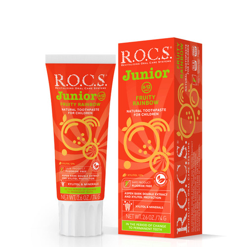 R.O.C.S. Junior Toothpaste - Enamel Whitening Teeth Gum Protection - for Children 6-12 Years Old - Safe to Swallow - Natural, No Fluoride or Sulfate (Fruity Rainbow, Pack of 1) R.O.C.S. Junior Toothpaste - Enamel Whitening Teeth Gum Protection - for Children 6-12 Years Old - Safe to Swallow - Natural, No Fluoride or Sulfate (Fruity Rainbow, Pack of 1)