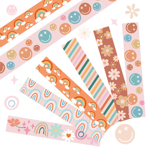 Yoqipati 69Ft Groovy Boho Bulletin Board Borders 6 Designs 60Pcs Retro Hippie Bulletin Board Stickers with Smile Daisy and Rainbow Border for School Classroom Office Boho Party Decoration