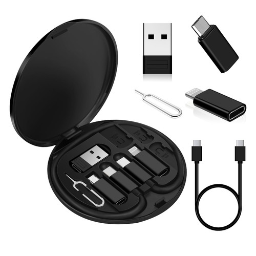 Xsusmdom Multi USB Charging Adapter Cable Kit, USB C to Lighting Adapter Box, Conversion Set USB A & Type C to Male Micro/Type C/Lighting, Data Transfer, Card Storage, Tray Eject Pin, Phone Holder