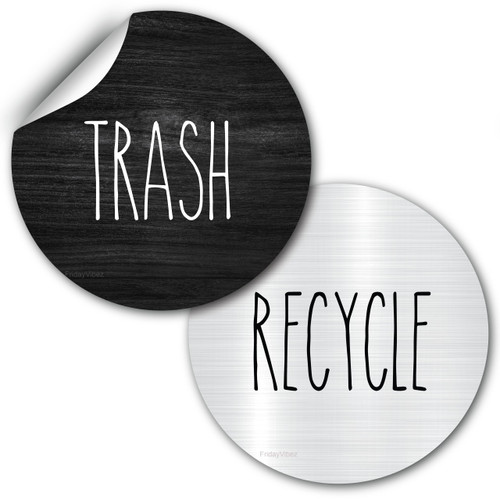 Recycle and Trash Stickers for Kitchen Trash Cans and Recycling Bins, Indoor Trash and Recycle Sticker Combo for Garbage Can Logo Symbol, 2 Decals Adhesives, 6.5 Circle Rustic Silver Decal for Outdoor