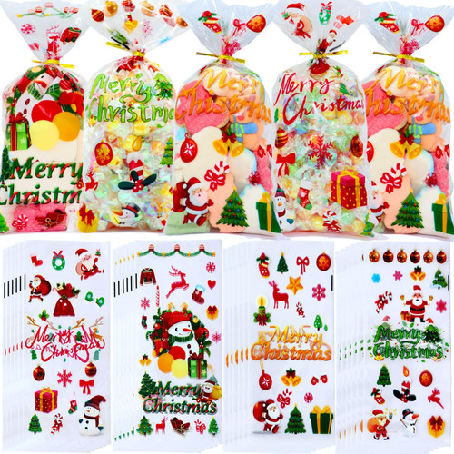 MOLIDA 150 Pcs Christmas Cellophane Treat Bags, Xmas Clear Candy Goodies Bags with 160 Pcs Twist Ties for Christmas Party Supplies