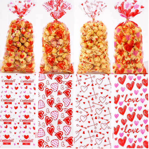 HOXIEYA Valentine's Day Gift Bags - 100Pcs Valentines Cellophane Treat Bags 4 Designs Valentine Goodies Bags for Treat With Twist Ties for Valentines Party Supplies Cookie Bags HOXIEYA Valentine's Day Gift Bags - 100Pcs Valentines Cellophane Treat Bags 4 Designs Valentine Goodies Bags for Treat With Twist Ties for Valentines Party Supplies Cookie Bags