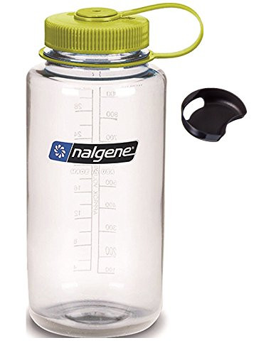 Bike A Mile Nalgene Tritan 32oz Wide Mouth BPA-Free Water Bottle Including A Removable SplashGuard (Clear w/Green Cap, 32-Ounces)