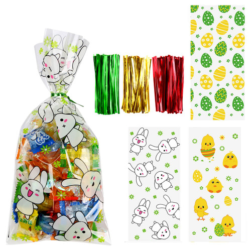 DIYASY 150 Pcs Easter Cellophane Treat Bags, Candy Bags with Eggs Chicks and Bunny with 300 Pcs Twist Ties for Easter Party.