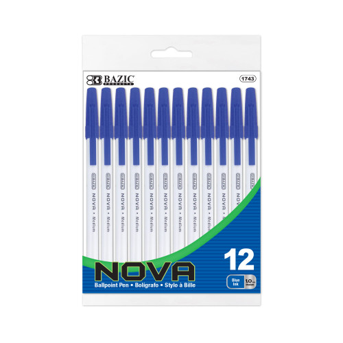 BAZIC Ballpoint Pen Nova Blue Color Stick Pens, 1.0 mm Bold Point Smooth Writing Smooth Writing, for Office School Teacher (12/Pack), 1-Pack