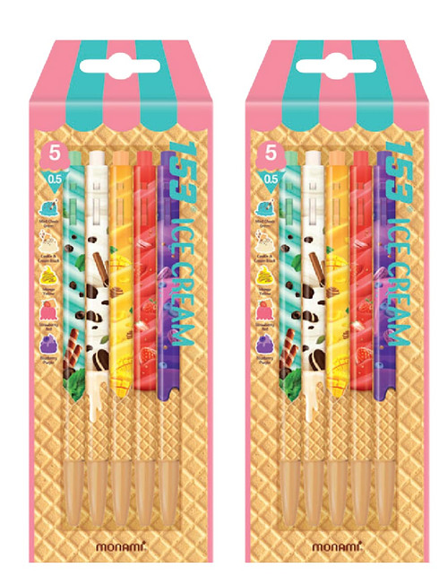 ADDY & PLUSY [Pack of 2] ice cream 0.5mm ballpoint pens 5 Ink Colors (Black, Yellow, Green, Red, Purple)