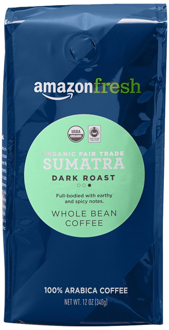Amazon Fresh Organic Fair Trade Sumatra Whole Bean Coffee, Dark Roast, 12 Ounce Amazon Fresh Organic Fair Trade Sumatra Whole Bean Coffee, Dark Roast, 12 Ounce