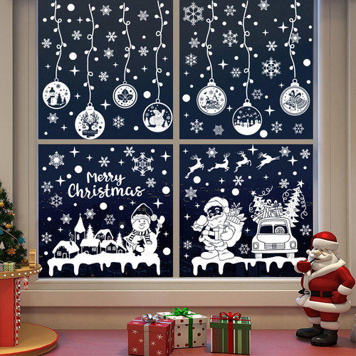 Christmas Window Clings Stickers 9 Sheets Snowflake Window Stickers Santa Claus Winter Decoration Decals Elk Vinyl Sticker Snowman Window Decor Clings for Home Christmas Party Window Decoration