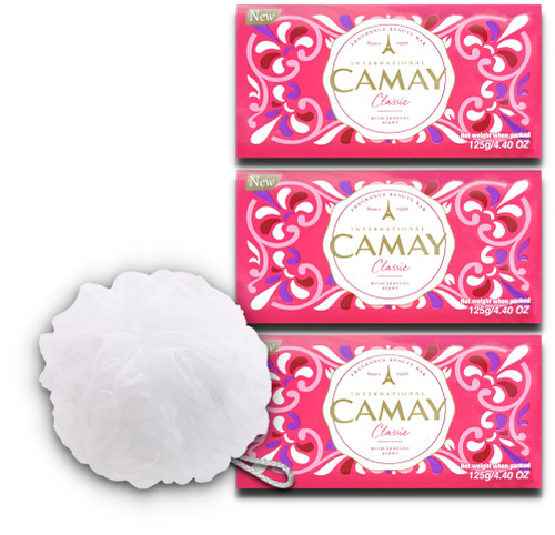 Home Sweet Bundles Camay Classic Bar Soap Bundle with Bath Sponge Loofah for Exfoliating soft skin - Moisturizing Camay Classic Soap, Softly Scented Camay Body Wash, (new) 4.4 Ounce Bath Bars (3)