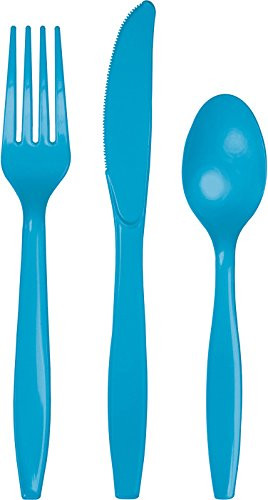 Touch of Color Premium Plastic Cutlery Assortment (Forks, Spoons, Knives), Turquoise, 24-Count
