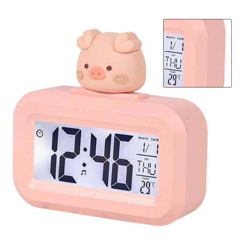 Electronic Clock, Cute Cartoon Multifunction Full Color Display Alarm Clock, LED Screen Desktop Electronic Alarm, Data Time Calendar Temperature Clock for Children Bedside Home Office(Pink Piggy)