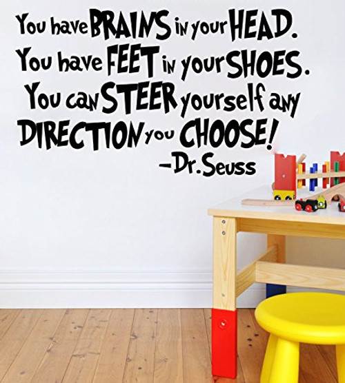 Imprinted Designs You Have Brains in Your Head. Dr Seuss Quote Vinyl Wall Decal Sticker Art (Black, 17" X 32")