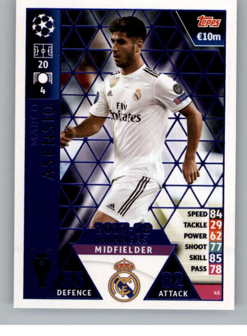 2018-19 Topps UEFA Champions League Match Attax #45 Marco Asensio 17-18 Real Madrid Winners Official UCL Soccer Trading Card in Raw (NM or Better) Condition 2018-19 Topps UEFA Champions League Match Attax #45 Marco Asensio 17-18 Real Madrid Winners Official UCL Soccer Trading Card in Raw (NM or Better) Condition