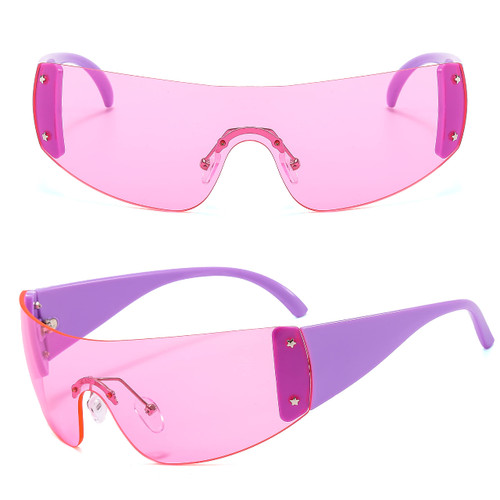 Y2K Sunglasses | 2000s Rimless Glasses for Women and Men - Wrap Around Futuristic Frameless Shield Shades Oversized Trendy (Pink)