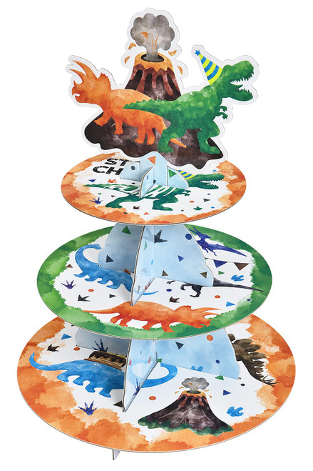 Watercolor Dinosaur Cupcake Stand - Dinosaur Birthday Party Decorations for Kids Boys 3-Tier Cardboard Cupcake Stand Holder Round Serving Tray Stand Dessert Tower Dino Theme Party Supplies