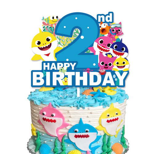 Shark Baby 2nd Birthday Cake Topper for Boys, Blue Shark 2 Cake Topper,Shark Two Birthday Decorations Shark Party Supplies for Baby Boy 2nd Birthday