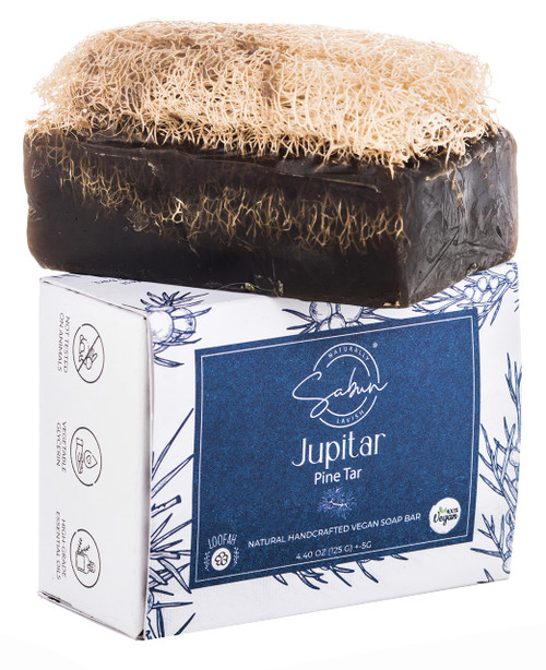 Pine Tar Soap with Loofah - Natural Exfoliating Soap Bar for Men - Smells Like Smoked Woody Pine - Handmade with Pine Tar, Jojoba Oil, Witch Hazel - Black Soap Bar for Body Scrub [4.40 oz - 125 gr]