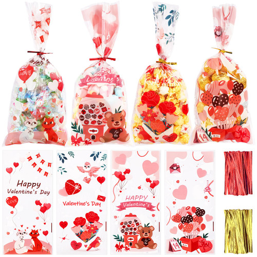 JULBEAR Valentines Cellophane Bags, 180Pcs Valentine's Day Treat Bags with 200Pcs Twist Ties, Clear Valentine Candy Goodie Bags for Valentines Kids Party Favors Supplies (4 Styles)
