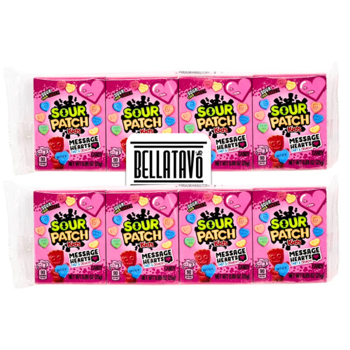 Heart-Shaped Conversation Candies Bundle. Comes with Two 4-pack .88 Oz Sour Patch Kids Message Hearts Candy Box plus a Bellatavo Ref Magnet. Perfect Valentine's Day Treat for Kids and Adults Alike.