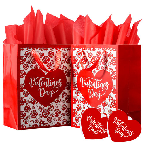 GonLei 2Pack 13" Valentines Gift Bags,Valentines Bags for Her Men Him Women,Valentines Day Goodie Paper Gift Bags for Girlfriend Boyfriend Wife Husband (Love Heart Greeting Card)
