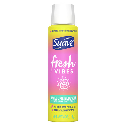 Suave Fresh Vibes Deodorant Body Spray, Aluminum Free 48 Hour Deodorant Protection, Awesome Blossom Dermatologist Tested, Body Spray Deodorant 4 oz