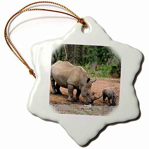 3dRose Black Rhinoceros Snowflake Porcelain Ornament, 3-Inch