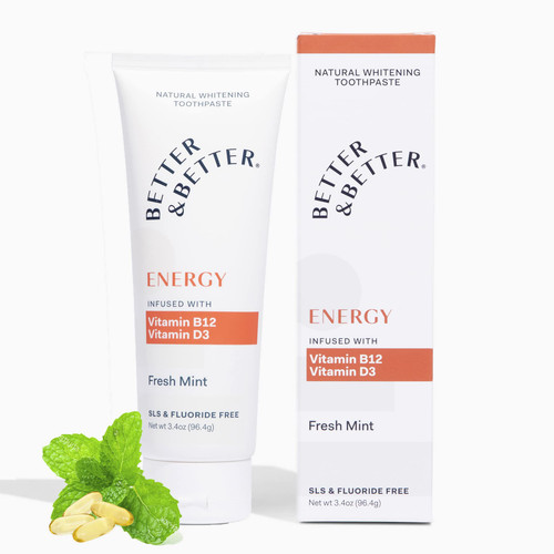 Better & Better Energy Toothpaste with Vitamin B12 & D3 | Fluoride Free, SLS Free Toothpaste 1 CT | Fresh Breath with Organic Mints | Natural, Vegan, and Whitening Toothpaste for Bones & Energy Better & Better Energy Toothpaste with Vitamin B12 & D3 | Fluoride Free, SLS Free Toothpaste 1 CT | Fresh Breath with Organic Mints | Natural, Vegan, and Whitening Toothpaste for Bones & Energy