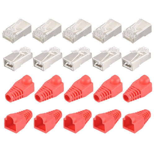 PATIKIL RJ45 Cat6 Shielded Connectors RJ45 Ends Shield Modular Plugs Pass Through 8P8C Connector with Red Boots Cover for Network Cable, Pack of 20