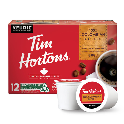 Tim Hortons 100% Colombian, Medium Dark Roast Coffee, Single-Serve K-Cup Pods Compatible with Keurig Brewers, 12ct K-Cups, Red Tim Hortons 100% Colombian, Medium Dark Roast Coffee, Single-Serve K-Cup Pods Compatible with Keurig Brewers, 12ct K-Cups, Red