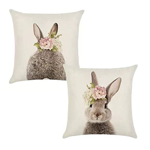 KAKABUQU Easter Bunny Throw Pillow Cover 18 x 18 Set of 2 Cute Rabbits Bunny Pillows Floral Easter Bunny Decor Linen Throw Pillow Case Cushion Cover Decorations for Home Sofa Bed KAKABUQU Easter Bunny Throw Pillow Cover 18 x 18 Set of 2 Cute Rabbits Bunny Pillows Floral Easter Bunny Decor Linen Throw Pillow Case Cushion Cover Decorations for Home Sofa Bed