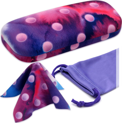 Hard eyeglass case in Polka Dot design | Glasses Case Hard Shell with Microfiber Drawstring Pouch and Cleaning Cloth | Protective Small sunglasses case for women (AS126 Polka Dot Purple)