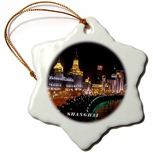 3dRose ORN_80851_1 Nite View of Shanghai China-Snowflake Ornament, Porcelain, 3-Inch