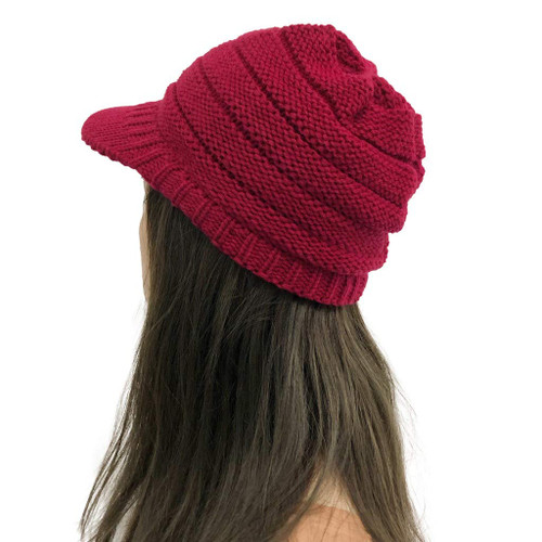 Womens Slouchy Visor Cap Winter Beanie with Brim Warm Cable Knit Newsboy Cap Crochet Visor Brim Cap Vintage Red