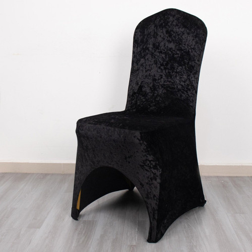 TABLECLOTHSFACTORY Black Crushed Velvet Spandex Stretch Banquet Chair Cover with Foot Pockets, Fitted Wedding Chair Cover - 190 GSM