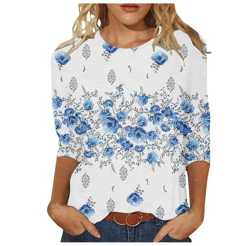 Outlets Sale Clearance Returns Womens Casual 3/4 Sleeve Floral T Shirt Three Quarter Length Sleeve Crewneck Tunic Tops Trendy Fall Going Out Dressy Blouse