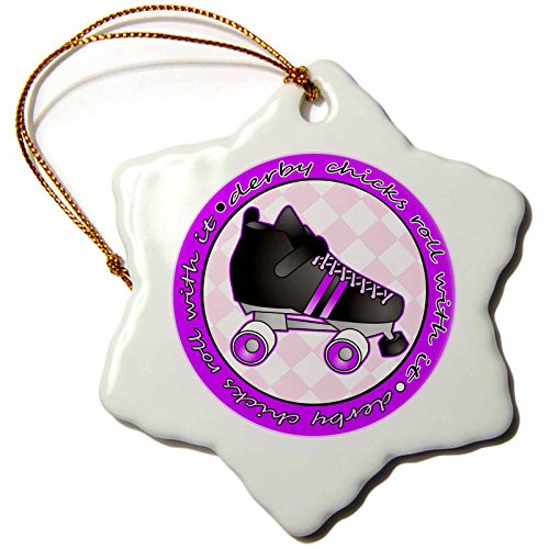 3dRose orn_28511_1 Derby Chicks Roll with it Purple and White with Black Roller Skate-Snowflake Ornament, 3-Inch, Porcelain