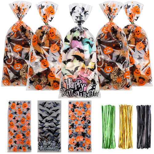 LOKIPA Halloween Cellophane Treat Candy Bags,150 Pieces Halloween Cellophane Gift Goody Snack Sweet Bags with Twist Ties for Halloween Party Supply?3 Style?