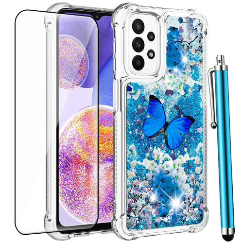 CAIYUNL for Samsung Galaxy A23 5G Case with Screen Protector, Women Girls Cute Glitter Bling Liquid Sparkle Floating Phone Case, Soft TPU Shockproof Phone Cover for Samsung A23 5G-Blue Butterfly