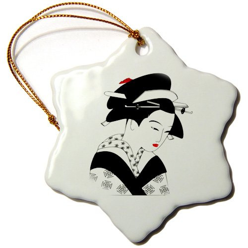 3dRose orn_38186_1 Geisha in Black and White-Snowflake Ornament, 3-Inch, Porcelain