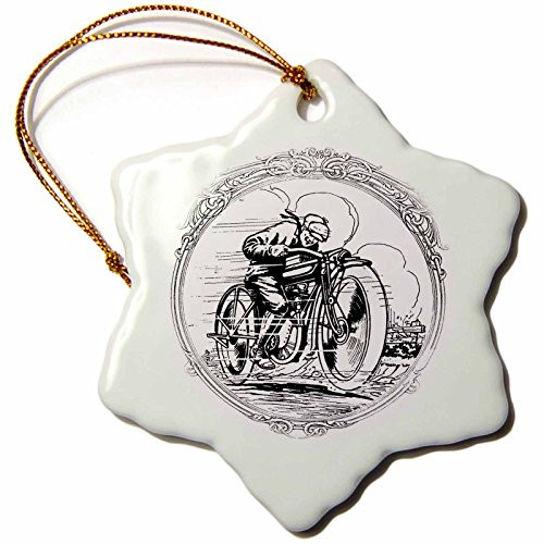 3dRose LLC Black and White Motorcycle 3-Inch Snowflake Porcelain Ornament
